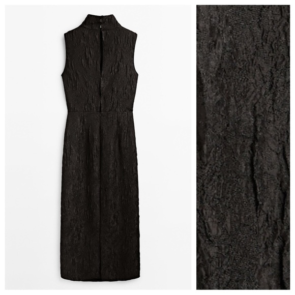 NWT Massimo Dutti Black Wrinkled Jacquard Mock Turtleneck Midi Dress. Size S. - Picture 6 of 9